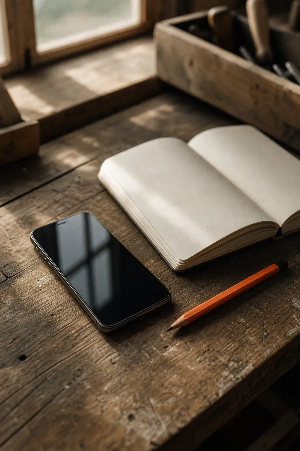 Un carnet ouvert et un téléphone posés sur un comptoir d'atelier