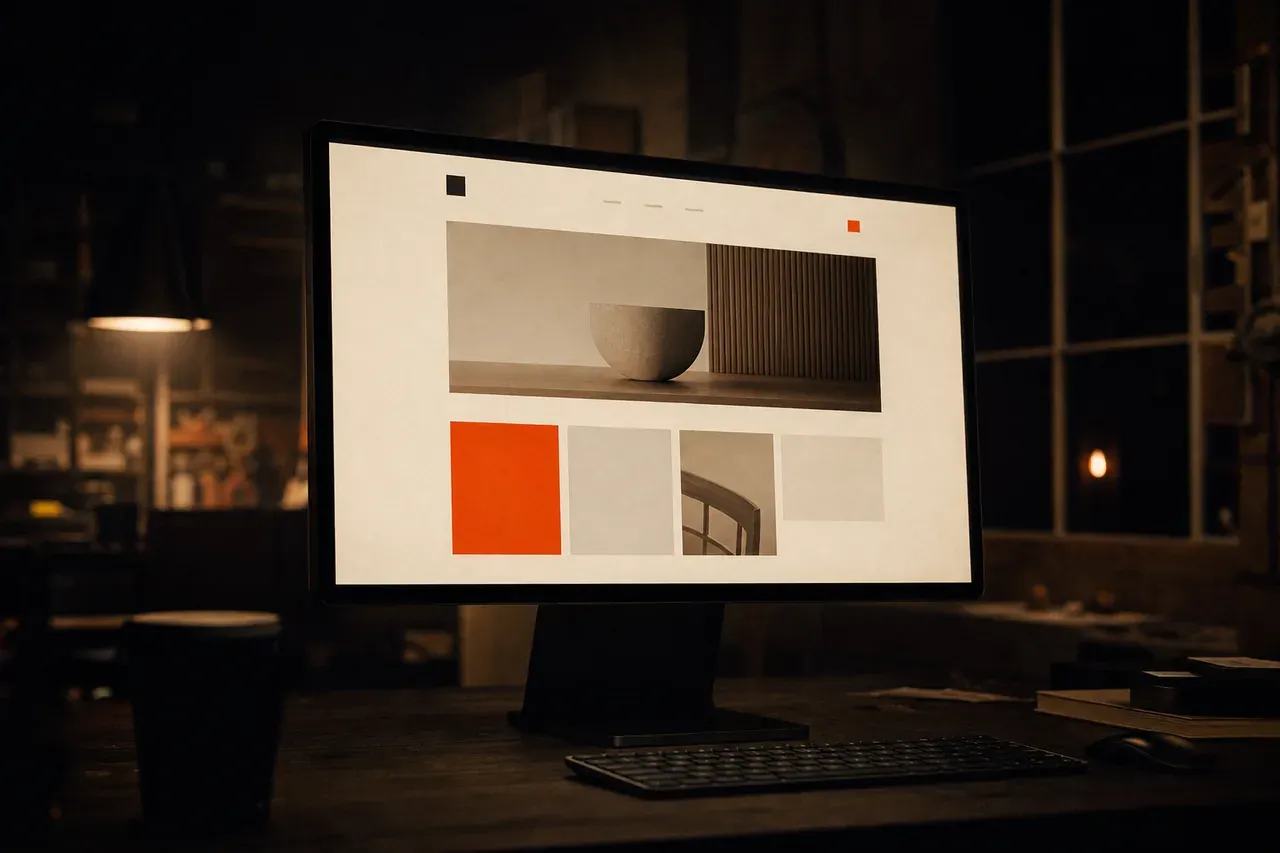 Une maquette de site épurée affichée sur un écran dans un atelier le soir